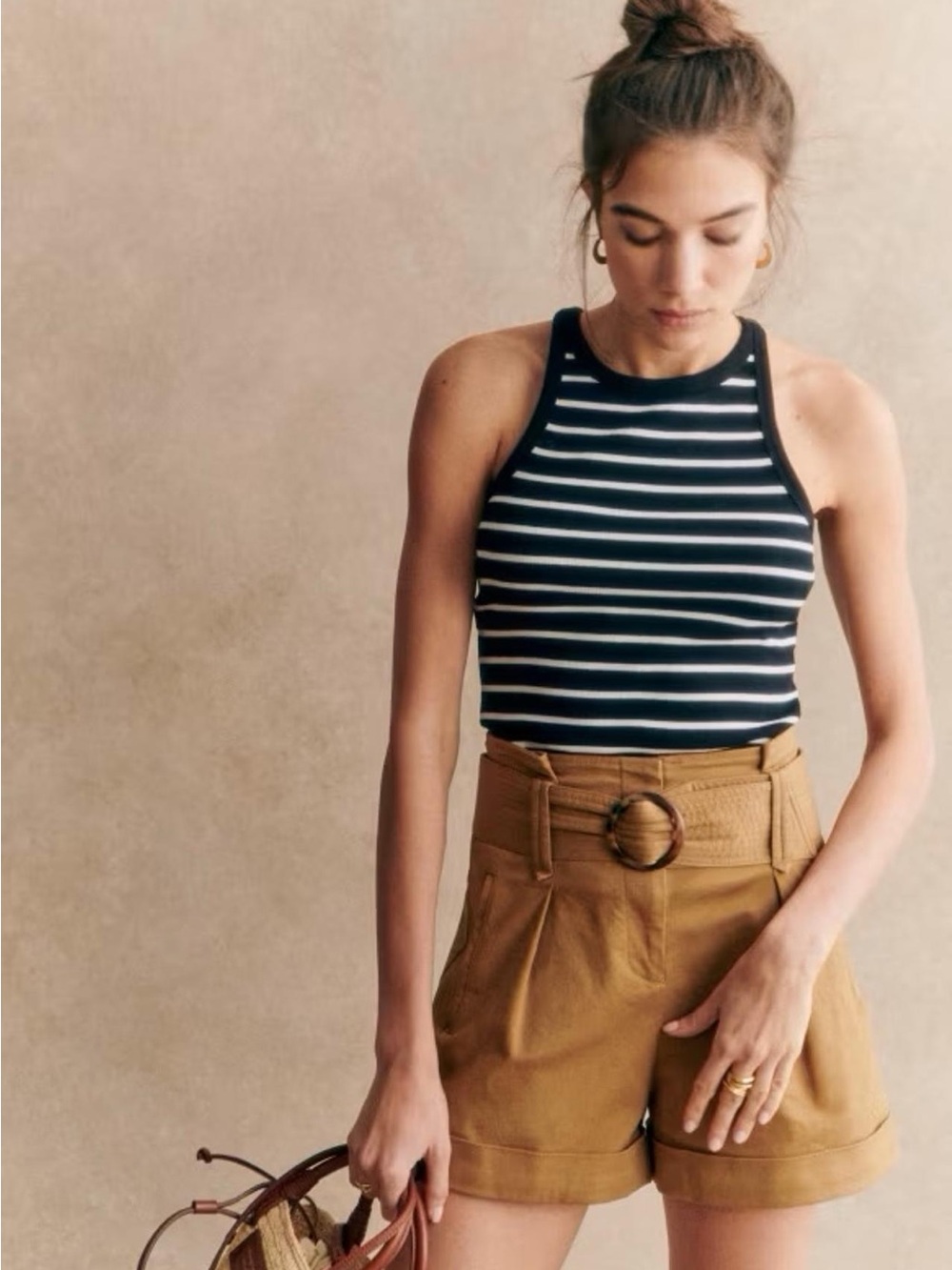 Sezane “Rome” high-waisted flared shorts in Caramel